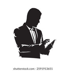 Businessman standing and holding cell phone, texting. High contrast isolated vector silhouette. Business people