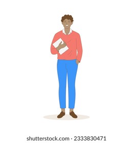 Businessman standing and holding document, flat cartoon character vector