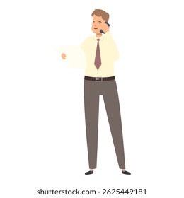 Businessman is standing, holding a document in one hand and talking on the phone