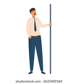 Businessman standing holding handrail looking away observing commuting