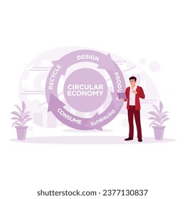 The businessman is standing holding a laptop, checking the unbroken economic cycle. Circular Economy concept. Trend Modern vector flat illustration