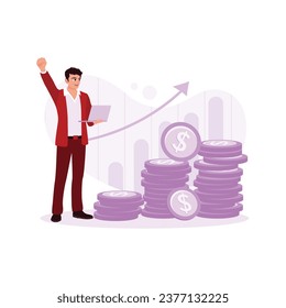 The businessman is standing holding a laptop with a growing stack of coins. Passive Income concept. trend modern vector flat illustration