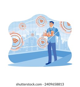 A businessman is standing holding a miniature city. Using modern creative networks and connected internet networks in smart cities. Telecommunication and Internet in smart city concept.
