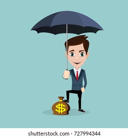 A businessman standing holding umbrella protecting his money to investments, money management. Saving money for any storm problem will come. Business concept.A contemporary style with