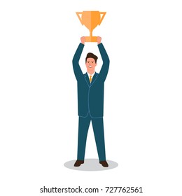 Businessman standing and holding winner golden cup over his head, business challenge and success vector Illustration