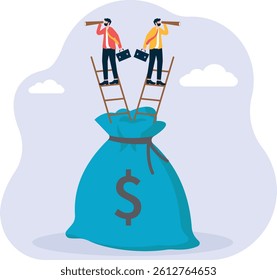 Businessman standing inside the ladder with huge money bag holding binoculars and looking away for more money, business vision,

