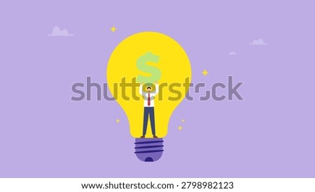 Businessman standing inside of light bulb and holding dollar sign. Idea or creativity make money and profit concept.
