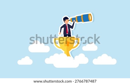 Businessman standing inside trophy above clouds using telescope illustration of observing competitors to maintain leading company position
