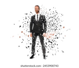 Businessman standing, isolated low poly vector illustration with shatter effect, front view