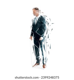 Businessman standing, isolated vector illustration, low poly geometric drawing. Man in suit