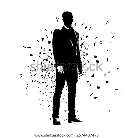 Businessman standing, isolated vector silhouette with dispersion effect. Business people clip art