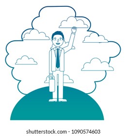 businessman standing in landscape clouds sky