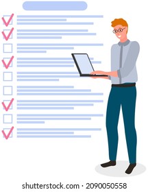 Businessman standing with laptop near big checklist with check marks, to do list. Time management, scheduling, planning concept. Male character with checklist, task planner program on computer