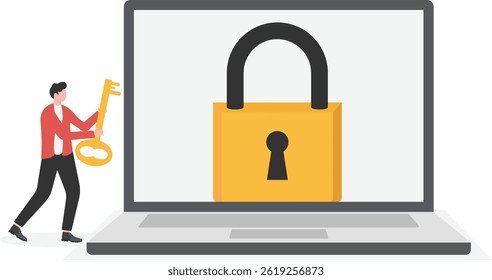 businessman standing with laptop and security lock on monitor. Personal data security concept.
