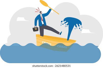 Businessman standing in leaking boat,

