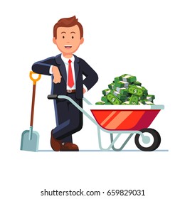 Businessman standing leaning on the shovel next to wheelbarrow full of strapped cash dollar banknote bundles. Rich millionaire man shoveling up money. Business success. Flat style vector illustration.