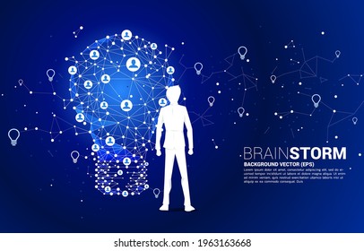 Businessman standing  with light bulb from Wireframe polygonal lines Connect dot Geometric with people icon. Concept of business idea and brainstorm.