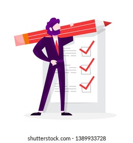 Businessman standing at long check list. Big task document. Man put marks on the paper sheet. Isolated vector illustration in cartoon style