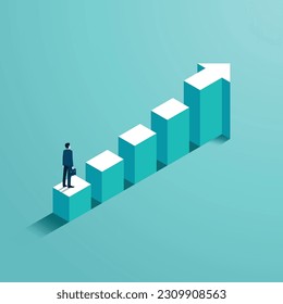 Businessman standing look to the top of the graph. Business concept of goals. success, ambition, achievement, leadership and challenge. vector flat