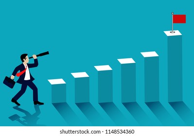 Businessman standing looking with the  binocular go to bar graph with red flag. on blue background. go to business success goal. cartoon. illustration vector