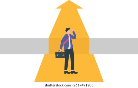 Businessman standing and looking down over big gap on way. Concept of crisis and failure

