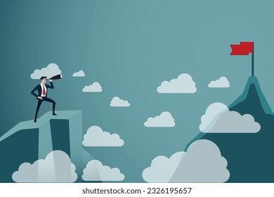 Businessman standing looking flag on top mountain, Concept business vector illustration.