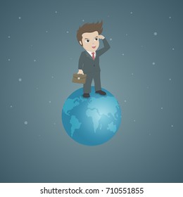 Businessman standing and looking forward on the world.Vector cartoon illustration for business leader vision concept.