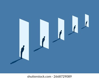 Businessman standing looking at his reflection in the mirror
