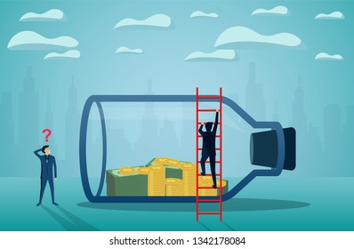 Businessman standing looking the money in a glass bottle. business finance success. startup concept, creative idea, illustration cartoon vector