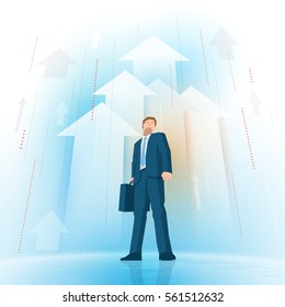 Businessman standing and looking up on rising arrows background. Vector illustration. Elements are layered separately in vector file.