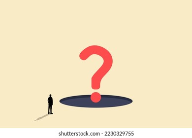 Businessman standing looking the question mark out from hole. concept of business solution, confusion and conclusion.