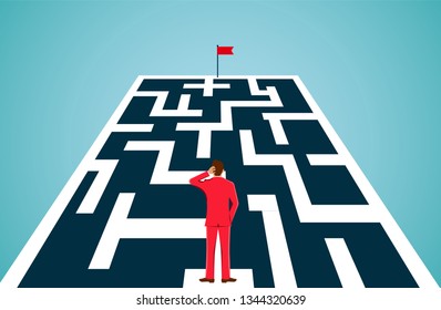 Businessman are standing looking at the target with obstacles as maze holes blocking the path. going towards business success goal. leadership. creative idea.  illustration cartoon vector