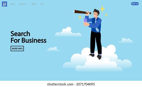 Empresario de pie y mirando a través de binoculares sobre las nubes para ver el futuro de los negocios. visión y objetivo. Estilo de caricatura plano. Ilustración vectorial.
