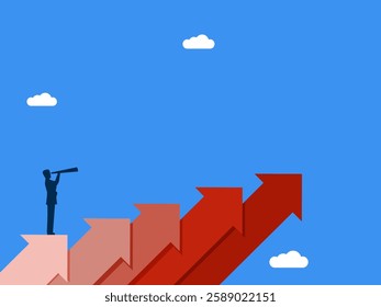 Businessman standing looking through binoculars on the stairs to arrow to success