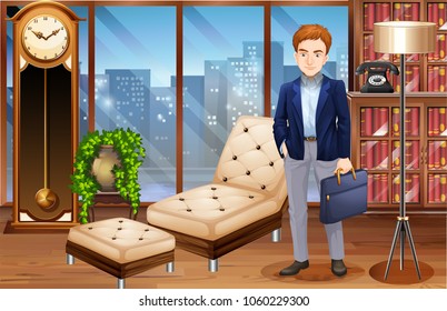 Businessman standing in luxury office illustration