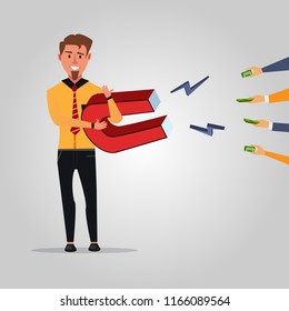 Businessman standing with magnet to attract more client. Money making trick poster with Get more sales concept.