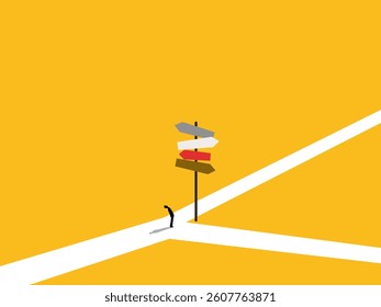Businessman standing making decision at multiple street signs