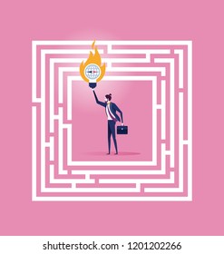 Businessman standing in a maze with a solution to success, Solving problems - Business concept vector