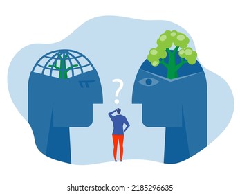 businessman standing middle Big head human think growth mindset different fixed mindset concept vector