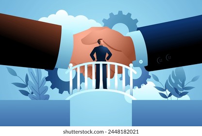 Businessman standing in the middle of a bridge, observing giant hands shaking, depiction the concept of a middleman or broker facilitating negotiations and bridging connections between parties