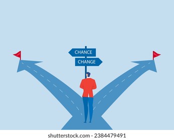 empresario en posición intermedia entre la palabra "cambio" y "oportunidad" de mejorar y desarrollar autocarrera ilustrador vectorial plano 