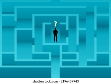 Businessman Standing In The Middle Of The Maze Confusedly Looking For A Way Out, Vector Illustration