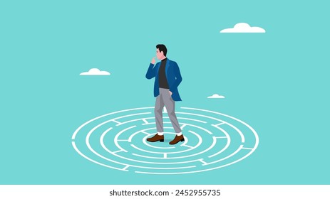 businessman standing in the middle of the maze thinking looking for a way out, problem solving concept, business people with maze puzzle, looking for solution or innovation in solving business problem