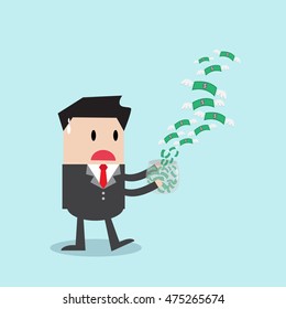 Businessman standing with money in jar flying, money flying. Business concept