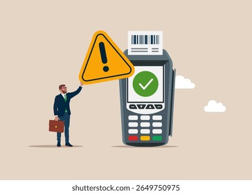 Businessman Standing Near Big Dataphone electronic payment system And Showing exclamation attention sign. Large global error in technology. Flat vector illustration