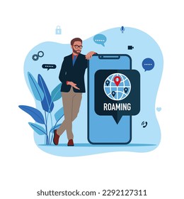 Empresario parado cerca de un gran smartphone con un icono de roaming. Ilustración vectorial moderna en estilo plano