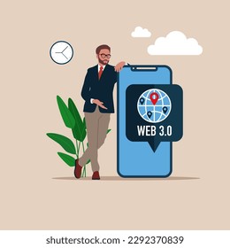 Businessman standing near big smartphone with icon Web 3.0 internet. Modern vector illustration in flat style