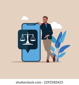 Businessman standing near big smartphone with online legal help icon. Flat vector illustration