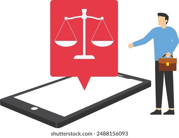 Empresario de pie cerca de un gran teléfono inteligente con el icono de ayuda legal en línea. Ilustración vectorial plana

