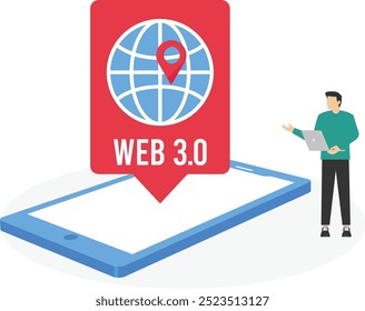 Empresário em pé perto de grande smartphone com ícone Web 3.0 internet. Ilustração vetorial moderna em estilo plano

